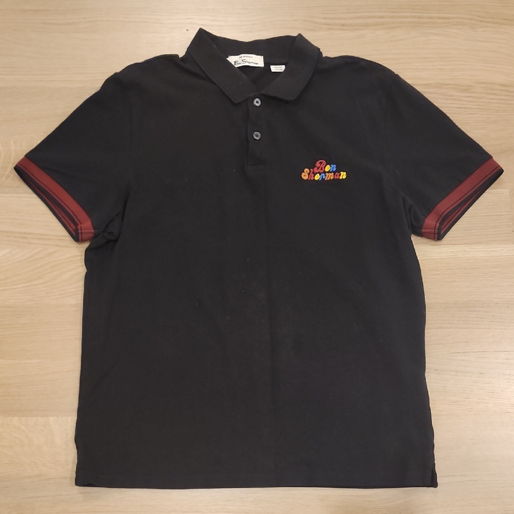 Ben Sherman Black Polo with Red-Trim Sleeves and Multicolor Logo